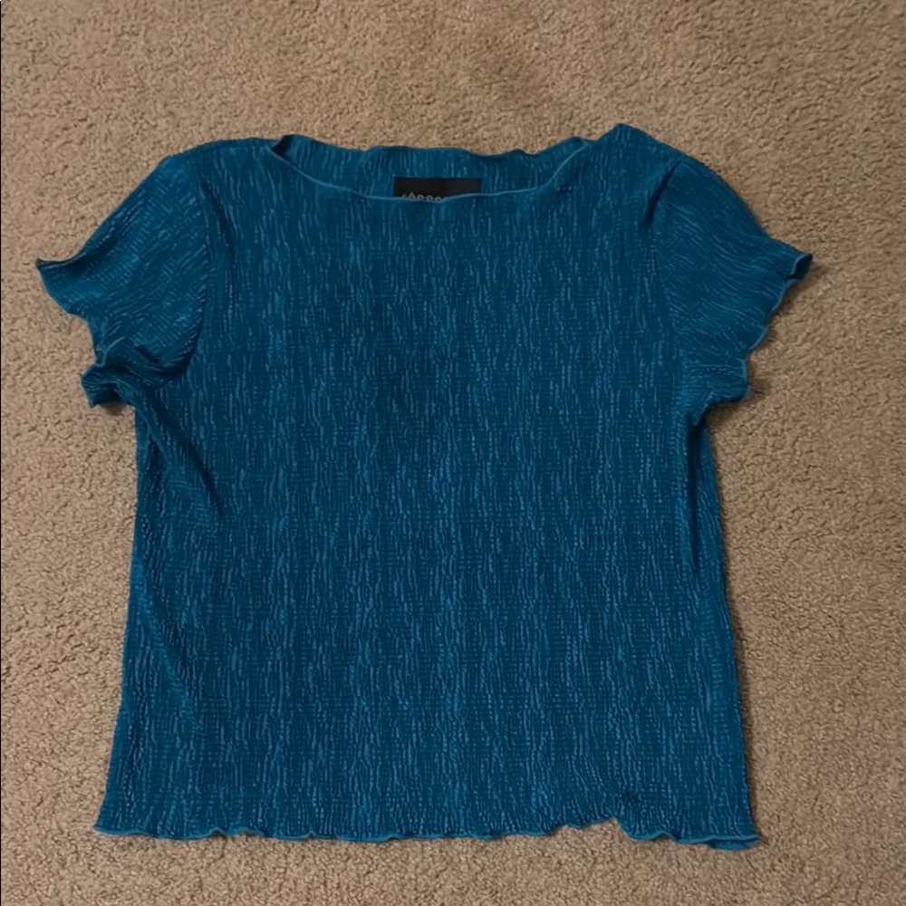 Connected  Blue Ruffled Ribbed Short Sleeve Top